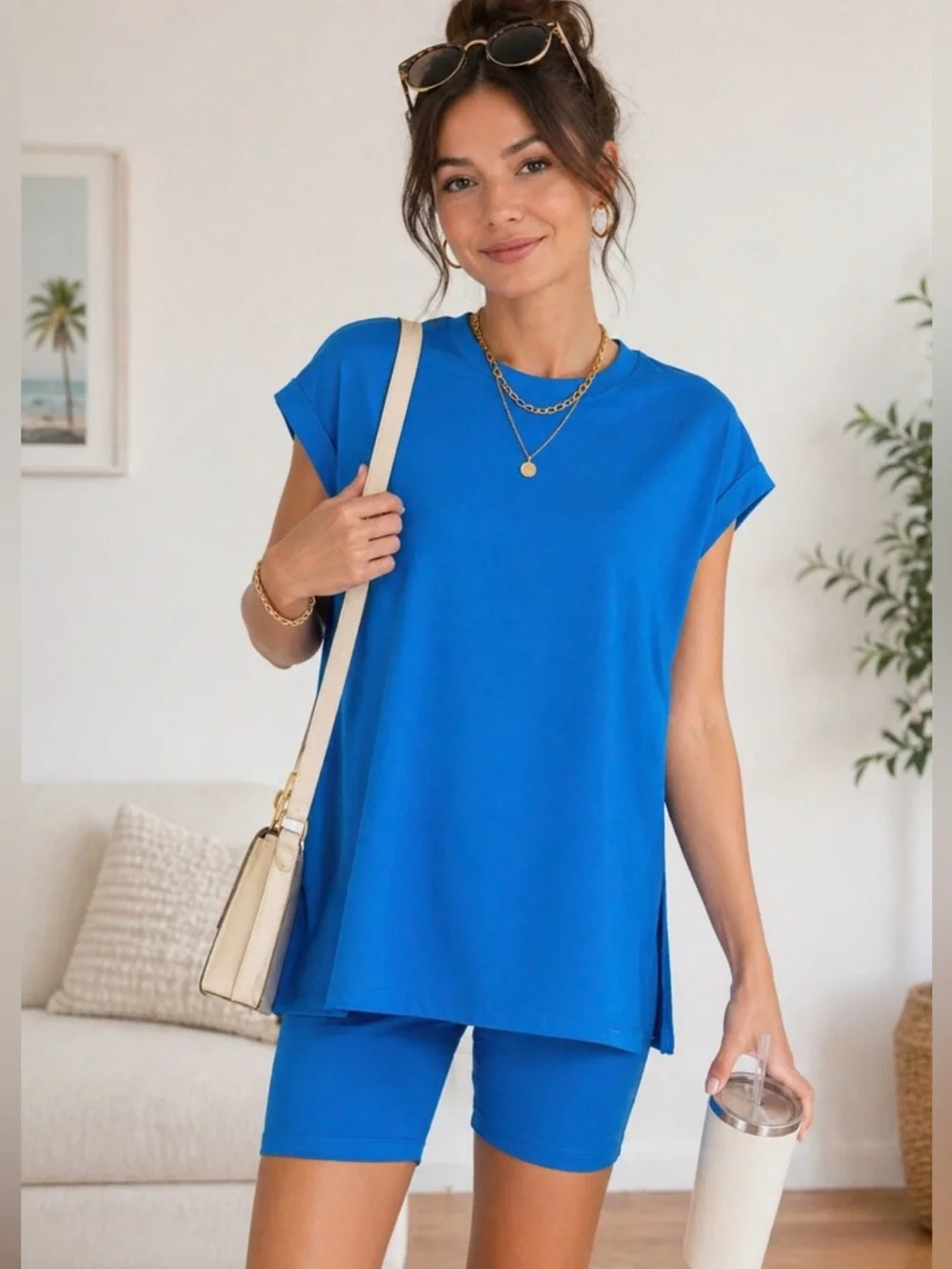 ZENANA Ocean Blue Relaxed Fit Lounge Set | Oversized Tee + Biker Shorts Sz L NWT